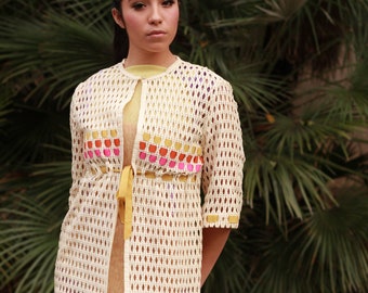 Saks Fifth Avenue (1981) Cardigan Sweater Crocheted Vintage 1980s Geometric Design Women’s Beach Size M