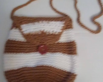 Crocheted Sling Tote, light brown and white, button closure