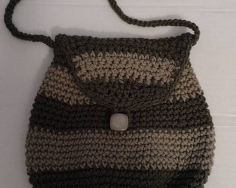 Crocheted Sling Tote, olive green and beige, button closure