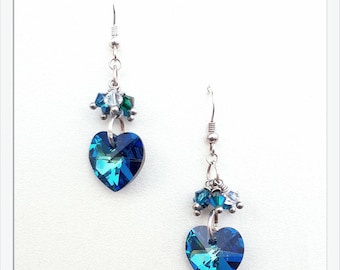 Small, light blue - turquoise earrings, handmade with heart-shaped Swarovski crystals.