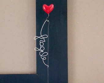 Modern conceptual artistic sculpture with red heart, in wire, wooden base, Fragile Heart, gift for boyfriend, friend, husband