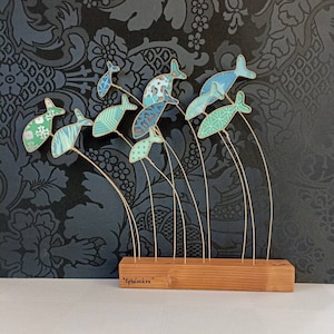 Scultura moderna, Banco di Pesci, in carta fantasia e spago animato, regalo matrimonio, compleanno, casa al mare, famiglia