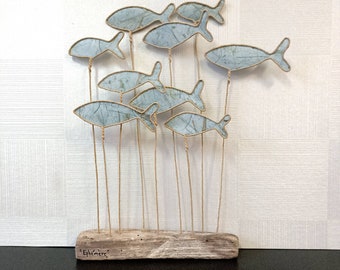 Modern sculpture in animated string and rice paper on wooden base, Blue fish, Paper sculpture and poetry, gift for new home