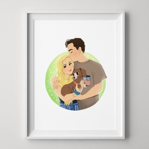 Custom couple portrait illustration with pet