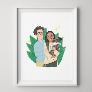 Custom couple portrait illustration gift with dog