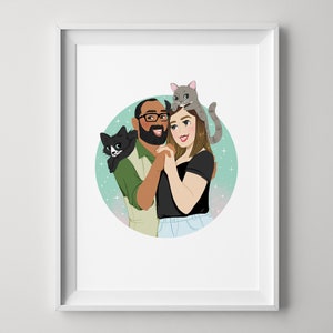 Custom couple portrait illustration gift with pets