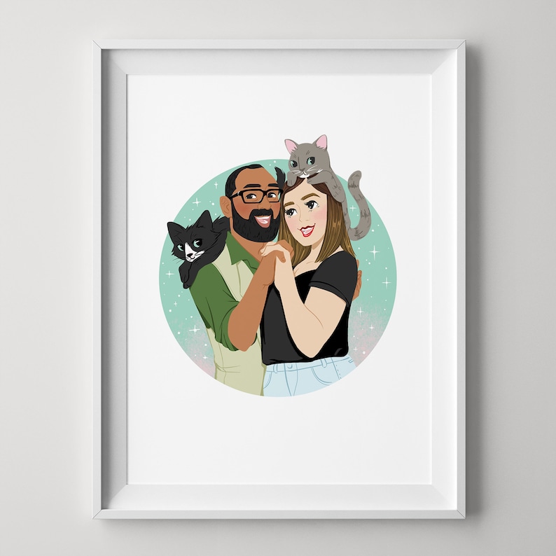 Custom couple portrait illustration gift with pets