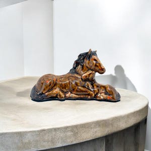 Handmade Ceramic Pony Mare & Foal Figurine Art Glazed Browns and Oranges