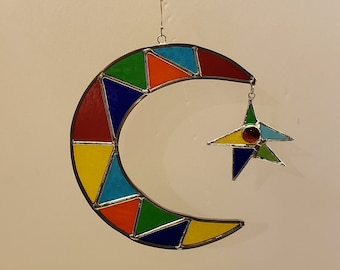 Moon and Star Stained Glass Sun Catcher