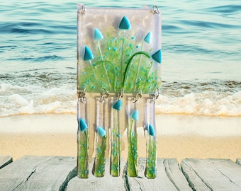 Fused Glass Teal Field of Flowers Wind-Chime - Flower Panel Wind Chime – Shades of Teal Blue Flowers Chime – Sun Catcher Wind Chime