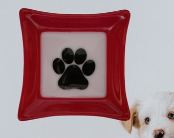Paw Print Fused Glass Square Dish - Red Black and White Pet Inspired Dish - Pet Owner Gift - Fur Babies Gift -  Paw Trinket Holder