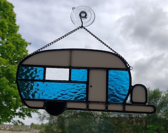 Deep Aqua Blue Stained Glass Camper Suncatcher - Travel Trailer Decoration - Gift for Camping Lovers - Happy Camper Decoration