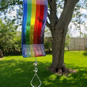 Glass Rainbow Suncatcher with Crystal Prism Dangle - Multicolor Fused Glass Sun Catcher - PRIDE Decor - Window Rainbow - Garden Rainbow