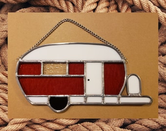 Red Stained Glass Camper Suncatcher - Travel Trailer Decoration - Gift for Camping Lovers - Happy Camper Decoration