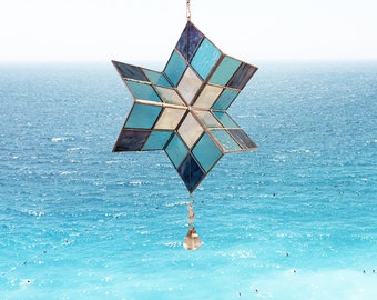 Turquoise Stained Glass Wind Spinner - Blue Stained Glass Whirligig - Outdoor Garden Decoration - Art Glass Sun Catcher