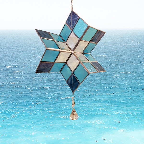 Turquoise Stained Glass Wind Spinner - Blue Stained Glass Whirligig - Outdoor Garden Decoration - Art Glass Sun Catcher