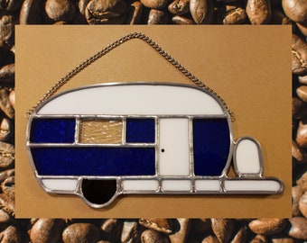 Cobalt Blue Stained Glass Camper Suncatcher - Travel Trailer Decoration - Gift for Camping Lovers - Happy Camper Decoration
