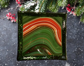 Christmas Swirl Fused Glass Square Christmas Dish
