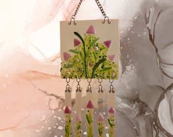 Fused Glass Pink Field of Flowers Wind-Chime - Flower Panel Wind Chime – Shades of Pink Flowers Chime – Sun Catcher Wind Chime