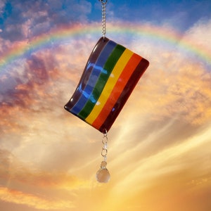 Glass Rainbow Suncatcher with Crystal Prism Dangle - Multicolor Fused Glass Sun Catcher - PRIDE Decor - Window Rainbow - Garden Rainbow