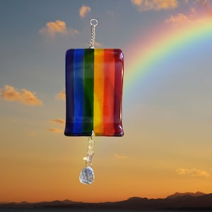 Glass Rainbow Suncatcher with Crystal Prism Dangle - Multicolor Fused Glass Sun Catcher - PRIDE Decor - Window Rainbow - Garden Rainbow