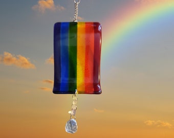 Glass Rainbow Suncatcher with Crystal Prism Dangle - Multicolor Fused Glass Sun Catcher - PRIDE Decor - Window Rainbow - Garden Rainbow