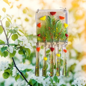 Fused Glass Shades of Sunshine Field of Flowers Wind Chime
