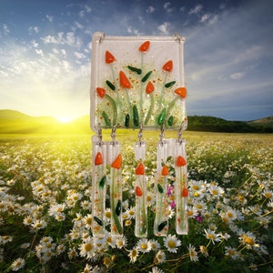 Fused Glass Orange Field of Flowers Wind-Chime - Flower Panel Wind Chime – Shades of Orange Flowers Chime – Sun Catcher Wind Chime