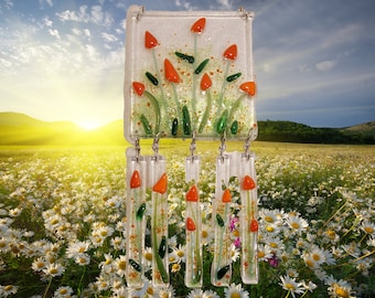 Fused Glass Orange Field of Flowers Wind-Chime - Flower Panel Wind Chime – Shades of Orange Flowers Chime – Sun Catcher Wind Chime