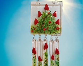 Fused Glass Red Field of Flowers Wind Chime - Flower Panel Wind-Chime – Red Flowers Chime – Sun Catcher Wind Chime