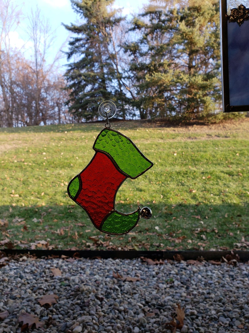 Elf Stocking Stained Glass Suncatcher Elf Sock Tree Ornament Etsy