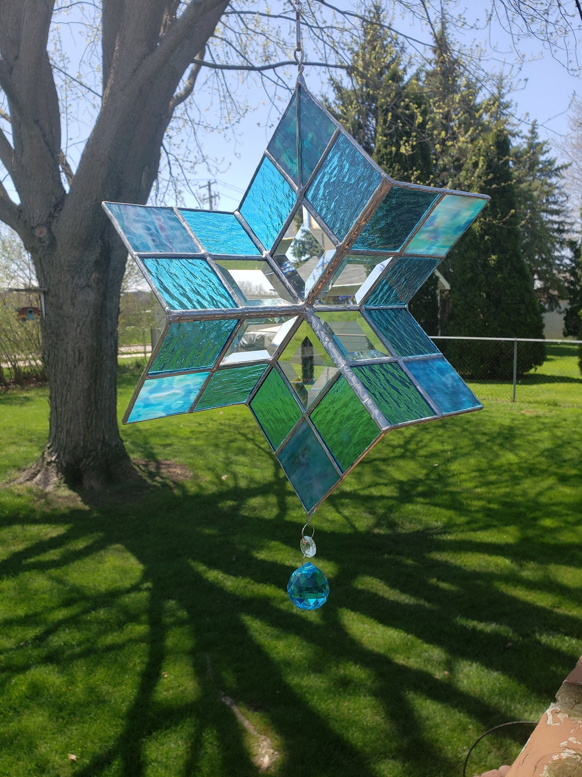 Turquoise Stained Glass Wind Spinner Blue Stained Glass Etsy