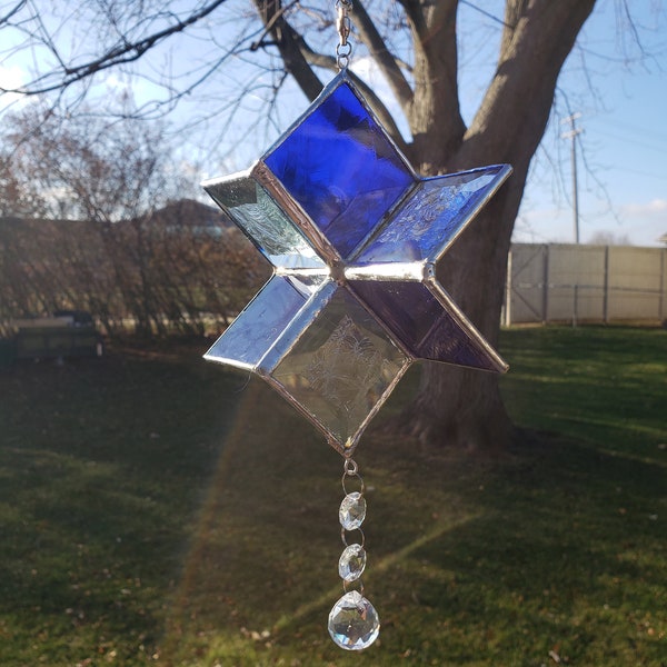 Small Cobalt Blue Wind Spinner - Blue Outdoor Garden Stained Glass Whirligig - Outdoor Garden Decoration - Art Glass Sun Catcher