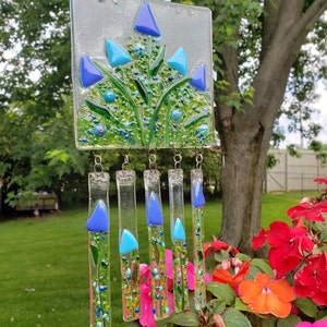 Fused Glass Blue Field of Flowers Wind Chime - Flower Panel Wind-Chime – Shades of Blue Flowers Chime – Sun Catcher Wind Chime