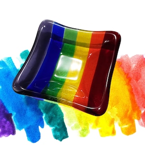 Rainbow Mini Square Glass Dish - Rainbow Fused Glass Dish - Trinket Holder