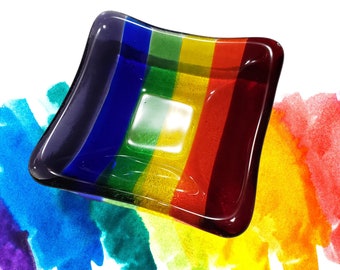 Rainbow Mini Square Glass Dish - Rainbow Fused Glass Dish - Trinket Holder