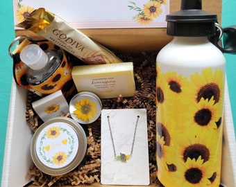 Happy Mother Day Sunflower Gift Box, Mothers Day Gift, Spa Care Package, Sunflower Candle, Sunflower Water Bottle, Best Friend Gift, Jewelry