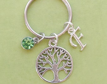 Personalized Tree of Life, Initial Key Ring, Birthstone Charm, Tree Key Chain, Yoga Gift, Gift for Her, Gift under 10, Family Tree, Letter