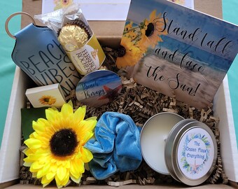 Build A Beach Gift Box, Beach Sunflower Lover, Cottage Core Gift Basket, Travel Cruise Gift, Ocean Keychain,  Sunflower Earrings, Candle