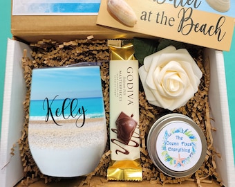 Happy Birthday Wine Beach Gift Box, Beach Lover, Cottage Gift Basket, Wine Lover Gift Set, Personalized Stemless Wine Tumbler, Soy Candle
