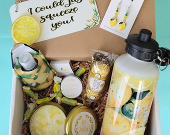 Lemon Gift Box, Squeeze the Day, Thank you, Keychain, Gift for Employee, Wife, BFF, Citrine Stones Candle, Water Bottle, Best Friend, Teen