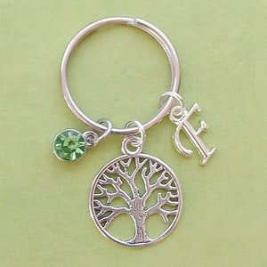 Personalized Tree of Life, Initial Key Ring, Birthstone Charm, Tree Key Chain, Yoga Gift, Gift for Her, Gift under 10, Family Tree, Letter