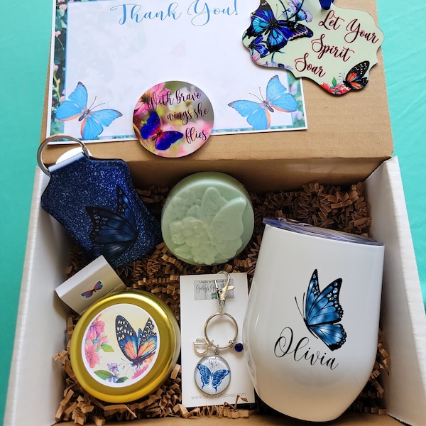 Personalized Butterfly Gift Box, Wings Candle, Custom Birthday Gifts, Stemless Wine Tumbler, Thank You, Happy Birthday, Birthstone Gift Box