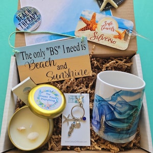 Beach Mug Gift Box, Beach Lover Gift for Her, Travel Basket, Soy Candle, Nautical Keychain, Ocean Earrings, Coffee or Tea Cup, Luggage Tags