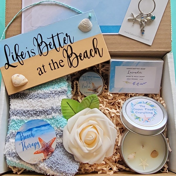 Beach Decor Gift Box, Beach Lover Gift for Her, Beach Cottage Gift Basket, Long Distance Spa Gift, Personalized Keychain, Soap, Lip Balm