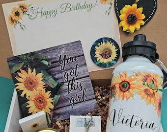 Personalized Sunflower Water Bottle Birthday Gift Box, Happy Birthday Gift Basket For Her, Encourage Best Friend Birthday, Sister Gift Box