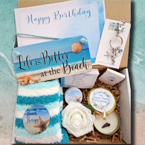 Beach Decor Gift Box, Sea Coast Lover, Fuzzy, Beach Cottage Gift Basket, Ocean Candle, Personalize Keychain, Cruise Set, Destination Wedding