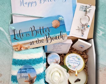 Beach Decor Gift Box, Sea Coast Lover, Fuzzy, Beach Cottage Gift Basket, Ocean Candle, Personalize Keychain, Cruise Set, Destination Wedding