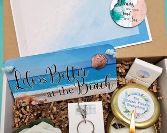 Beach Birthday Gift Box – Ocean Lover Candle and Decor, Succulent, Keychain & Keepsakes, Coastal Birthday Set, Personalized Nautical Keyring