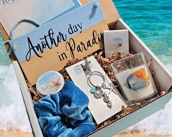 Happy Birthday Beach Gift Box, Coastal Lover, Cottage Spa Basket, Best Friend Birthday, Summer Jewelry, Ocean, Keychain, Sea Turtle Earrings